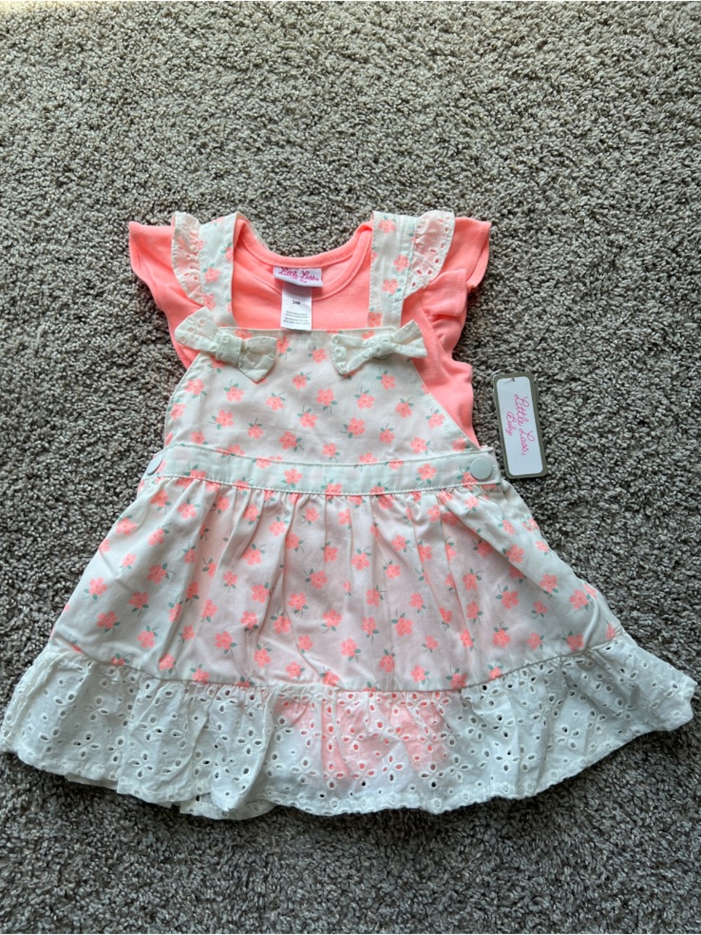 Little Lass Coral Pink Floral Pinafore Dress Set
